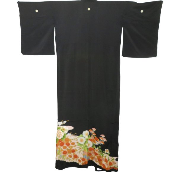Japanese Kimono Silk Houmongi Vintage Black Multi Floral Copper Metallic 62 inch - Picture 4 of 16